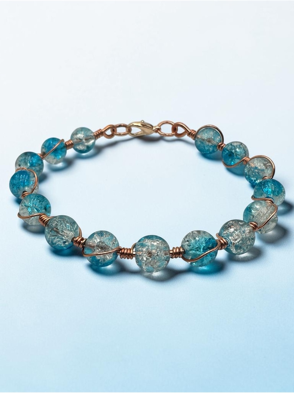 Aqua Blue Crackle Glass Beaded Bracelet Copper Wire Wrap Handmade Jewelry